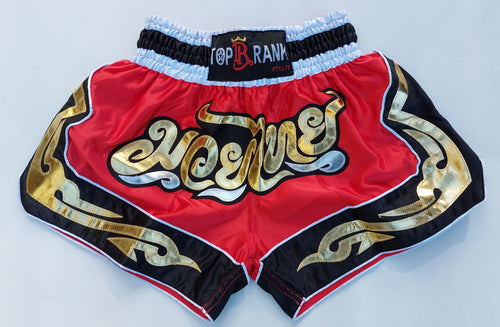 TP Mauy Thai Kickboxing Shorts - Red/black, white, gold designs