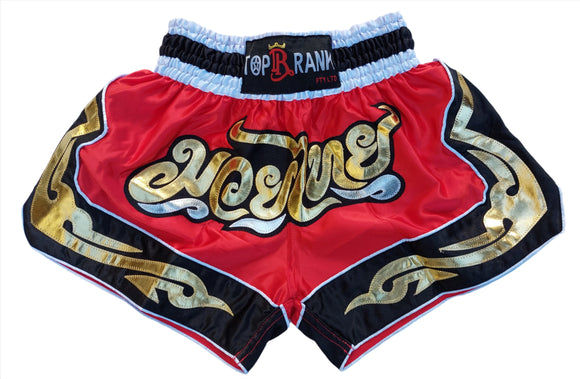 TP Mauy Thai Kickboxing Shorts - Red/black, white, gold designs