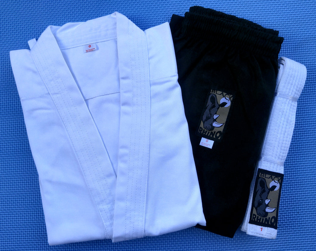 9oz Rhino Karate Uniforms - White Jacket & Black Pant